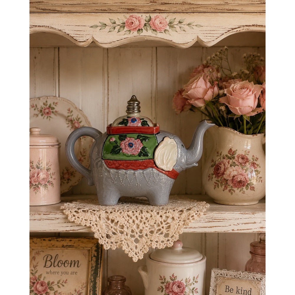 Vintage Elephant Teapot Ceramic Iridescent Luster Glaze Floral Grey Boho Decor